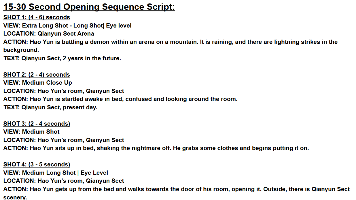 Created opening cinematic trailer script that leads into gameplay